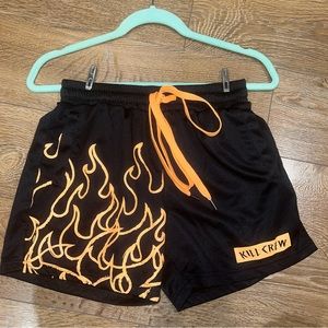 KILL CREW - MUAY THAI FLAME SHORTS (MID THIGH CUT) - BLACK/NEON ORANGE - small